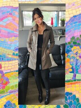 Danier Canada Thinsulate Insulated Taupe Leather Mid Length Coat Jacket 2XS/XXS